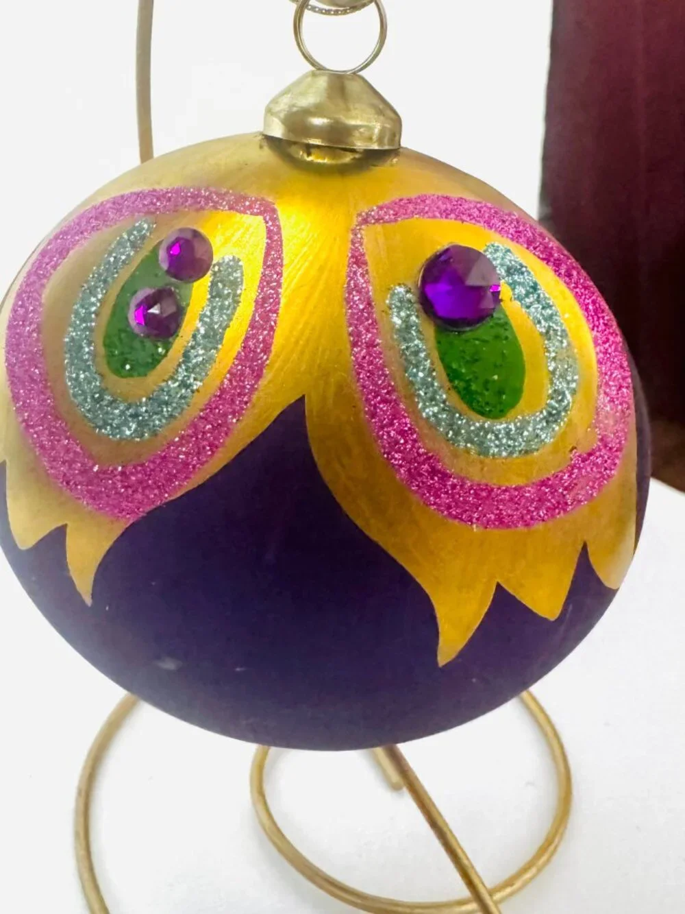 5 Peacock Feather Christmas Tree Ornaments Purple Teal Gold Glittered Gemstone
